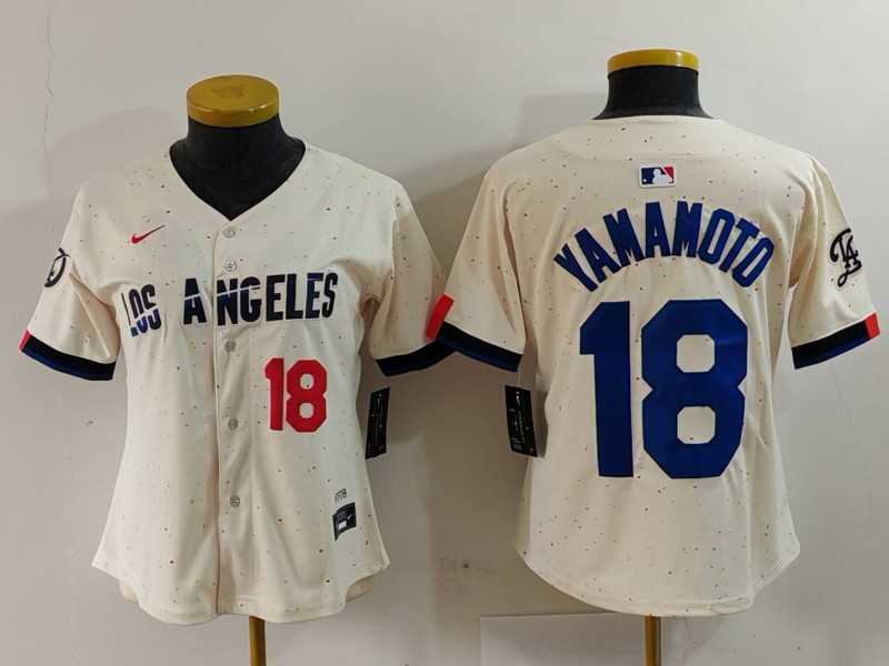 Womens Los Angeles Dodgers #18 Yoshinobu Yamamoto Number Cream 2024 City Connect Limited Stitched Jersey